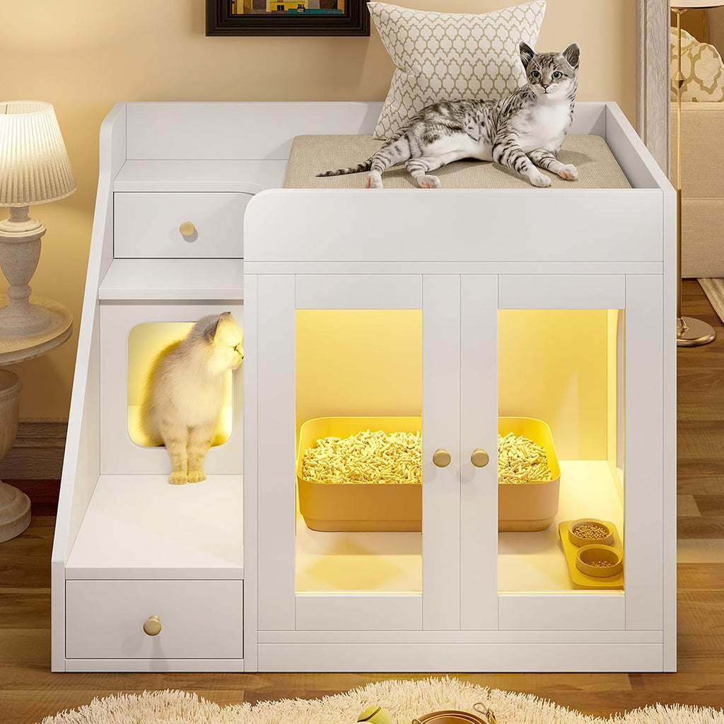 Cat Litter Box Enclosure with Light, Hidden Litter Furniture with Dual Storage Drawers, Indoor Feline House Side Table for Living Room Bedroom, Modern White Cabinet