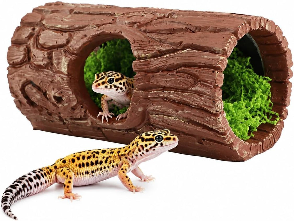 Reptile Hide Cave, Resin Hollow Tree Trunk Hideout with Faux Moss Set, Reptile & Amphibian Habitat Hideouts, for Arboreal Reptiles, Hermit Crabs, Leopard Gecko, Lizard Terrarium Decor