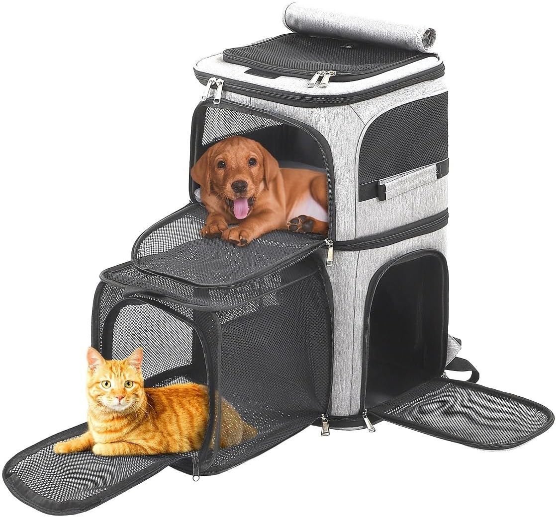 Double Cat Carrier, Cat Backpack Carrier for 2 Cats, Multi Dog Backpack, Two Cat Carrier with 7 Ventilation Windows, Built-in Frame and Support Plate, Safety Straps, Collapsible, Perfect for Travel
