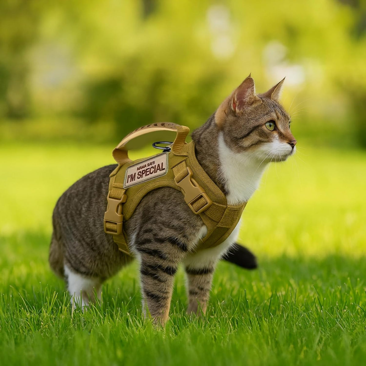 Tactical Cat Harness and Leash Set, Khaki with 2 Embroidered Patches, Escape Proof, Adjustable for Cats, Includes Retractable Leash and Control Handle