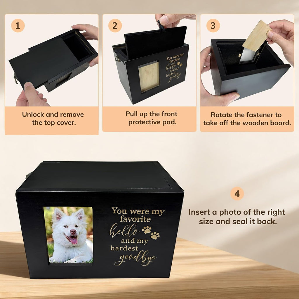 Dog Urn,Pet Urns for Dogs, Up to 80lb Pets,Pet Urn, Dog Urns for Ashes & Cat Urn, Medium Wooden Memorial Box with Photo Frame, Black Flannel Lining