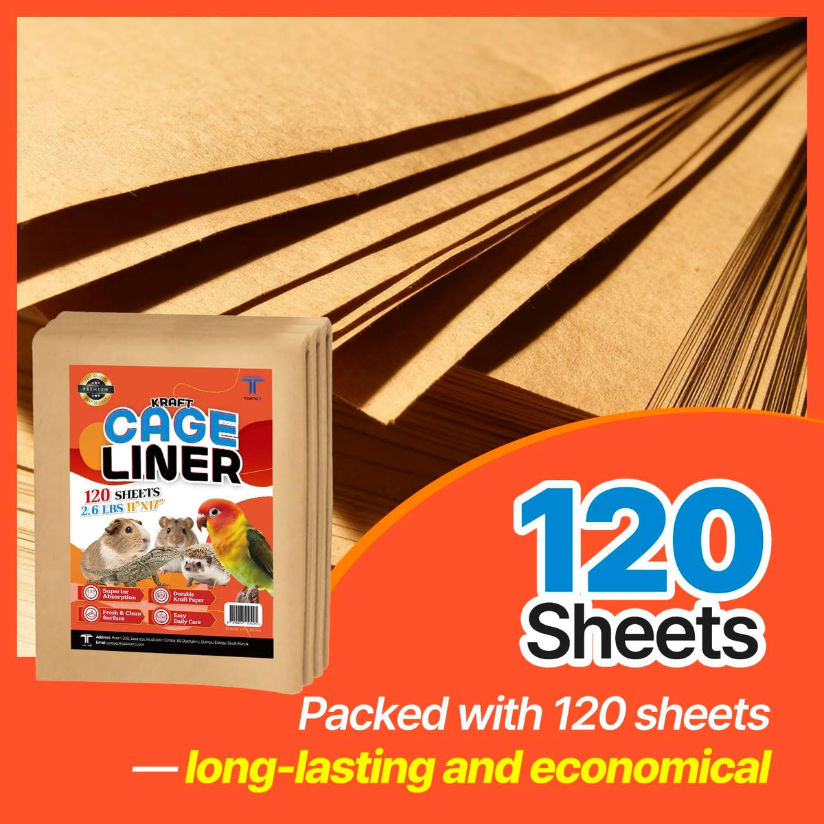 T TORTO9 Bird Cage Liner - 120 Paper Sheets - Ideal for Pet Habitats, Bulk Pack for Long-Lasting Use, Newsprint Texture, Convenient Parcel Packaging - Kraft 11 x 17 Inch