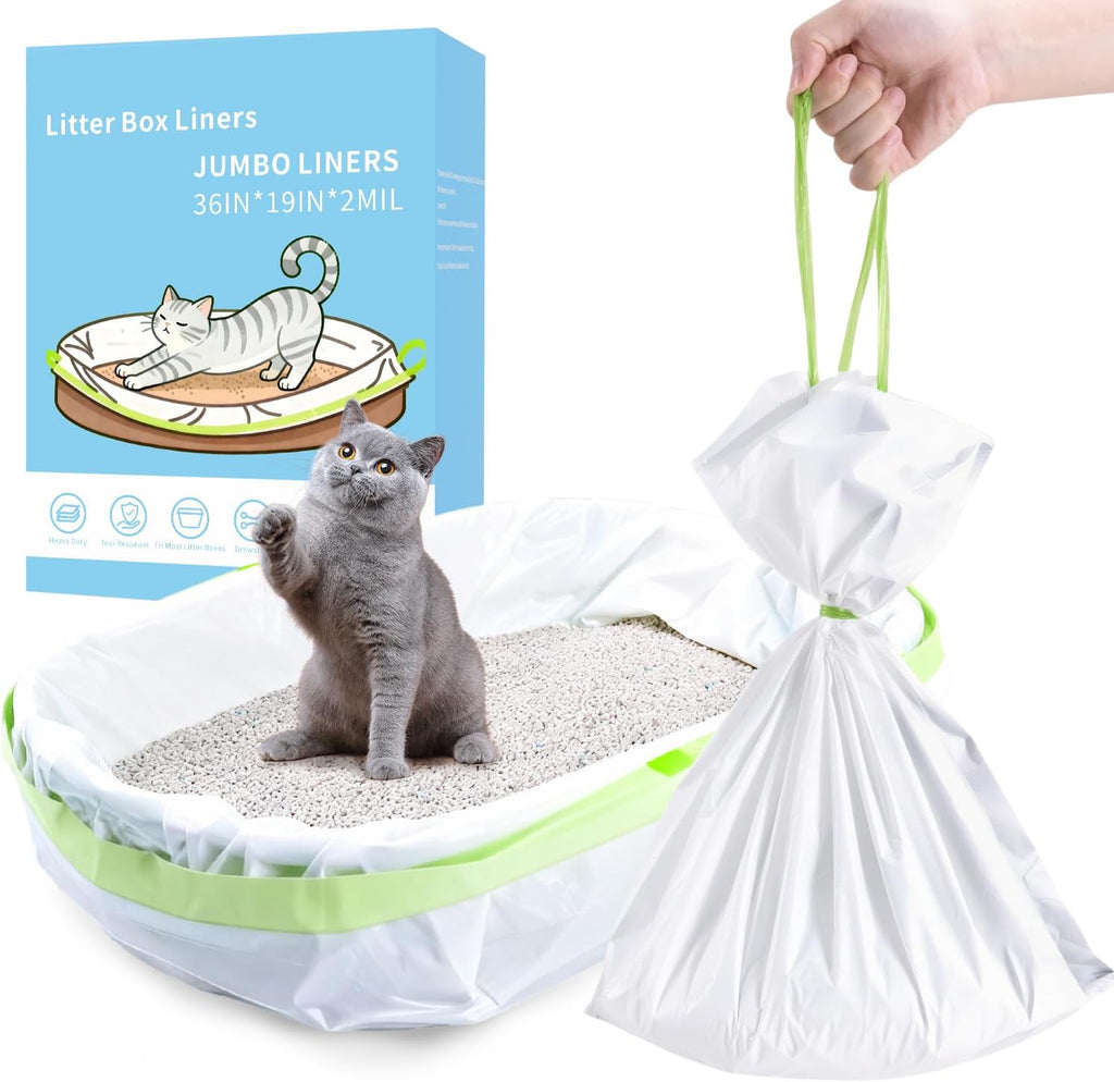 36 Count Jumbo Cat litter Box Liners, 36" x 19" Easy Clean Up Thick Large Kitty Litter Liner XL, Extra Large Heavy Duty Litter Pan Liner Bags with Drawstring for Pet Cat Litter Tray