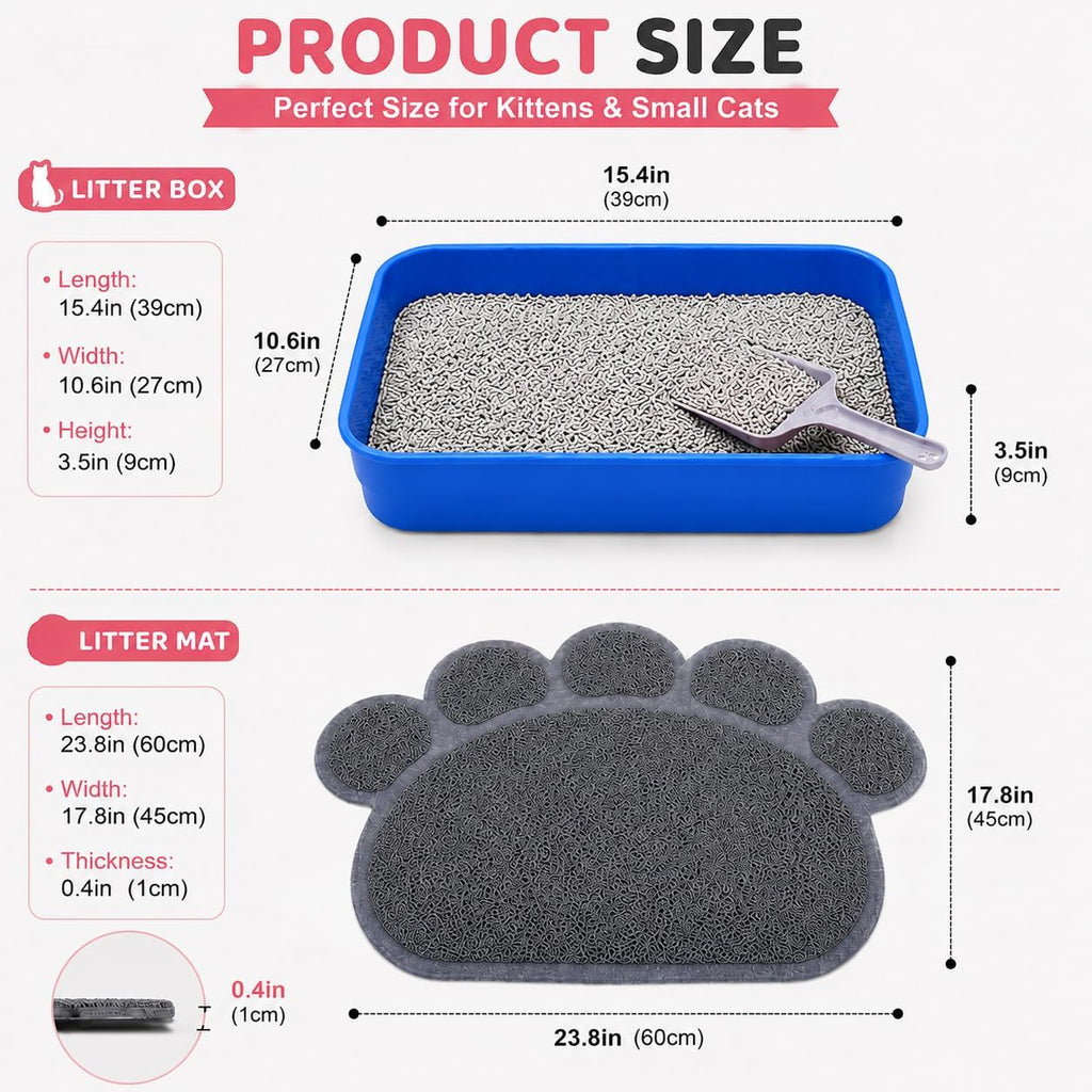 Kitten Litter Box Starter Kit with Mat, All-in-One Starter Kit for Kittens & Small Cats, Anti-Tracking Litter Mat, Easy Clean, Includes Scoop & Toys, Compact Size (GreyScoop)