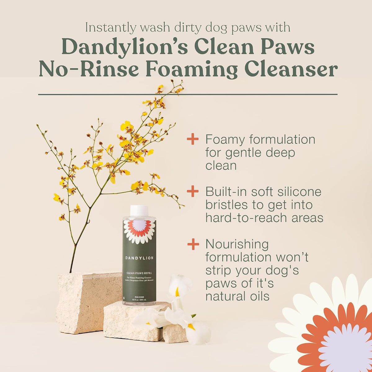Dandylion Clean Paws Value Set | No-Rinse Foaming Dog Paw Cleaner with Built-in Brush + Refill | Fragrance-Free, pH-Balanced | Suitable for All Breeds & Sizes