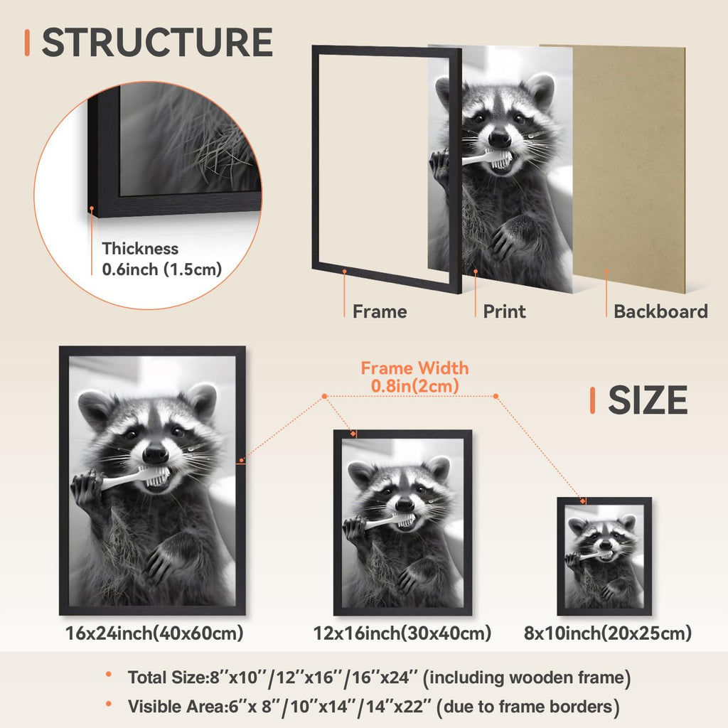 Snlihc Wood Framed Funny Raccoon Brushing Teeth Bathroom Wall Art 12x16 in