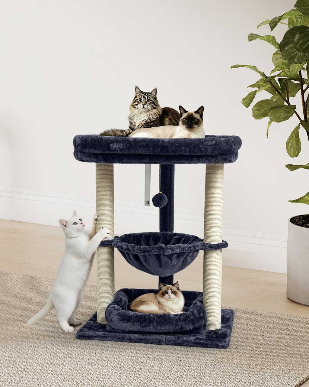 SYANDLVY 3 Level Cat Tree for Large Cats with Top Perch, Hammock/Bottom Bed