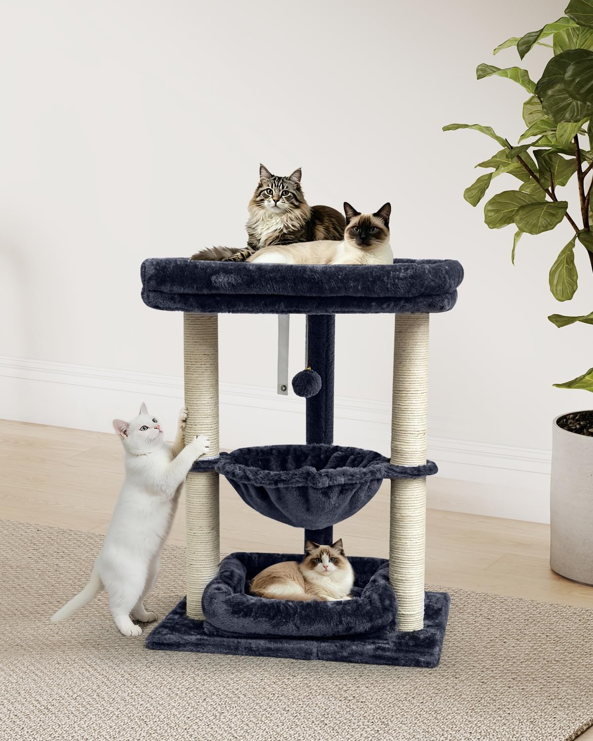 SYANDLVY 3 Level Cat Tree for Large Cats with Top Perch, Hammock/Bottom Bed