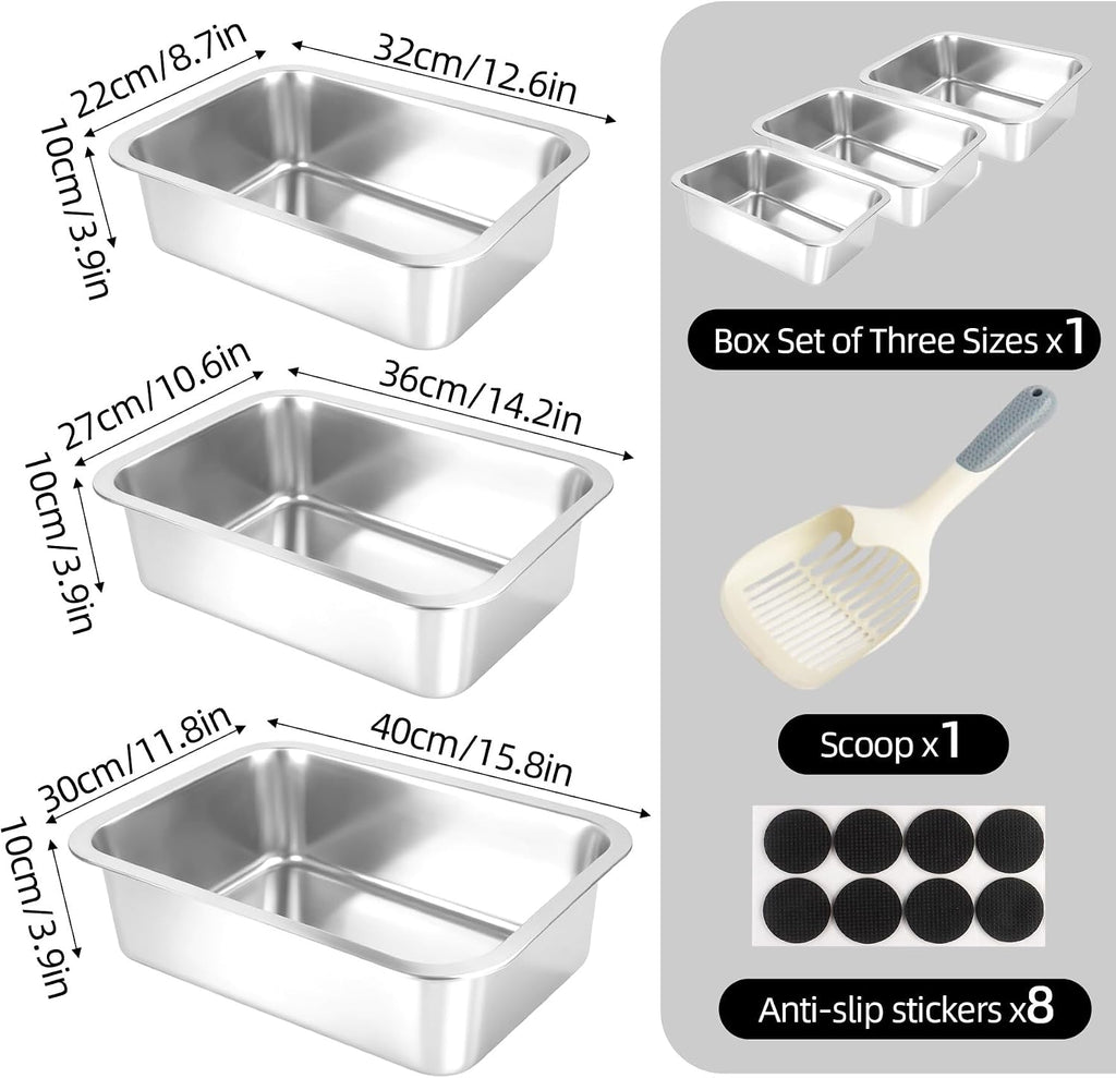 3 Pcs Stainless Steel Rabbit Litter Box with Scoop & Non-Slip Feet Mats, Easy Clean Metal Pan for Rabbits Cats Small Animal, No Smell, Non Stick, 4In Low Entry (L+M+S)