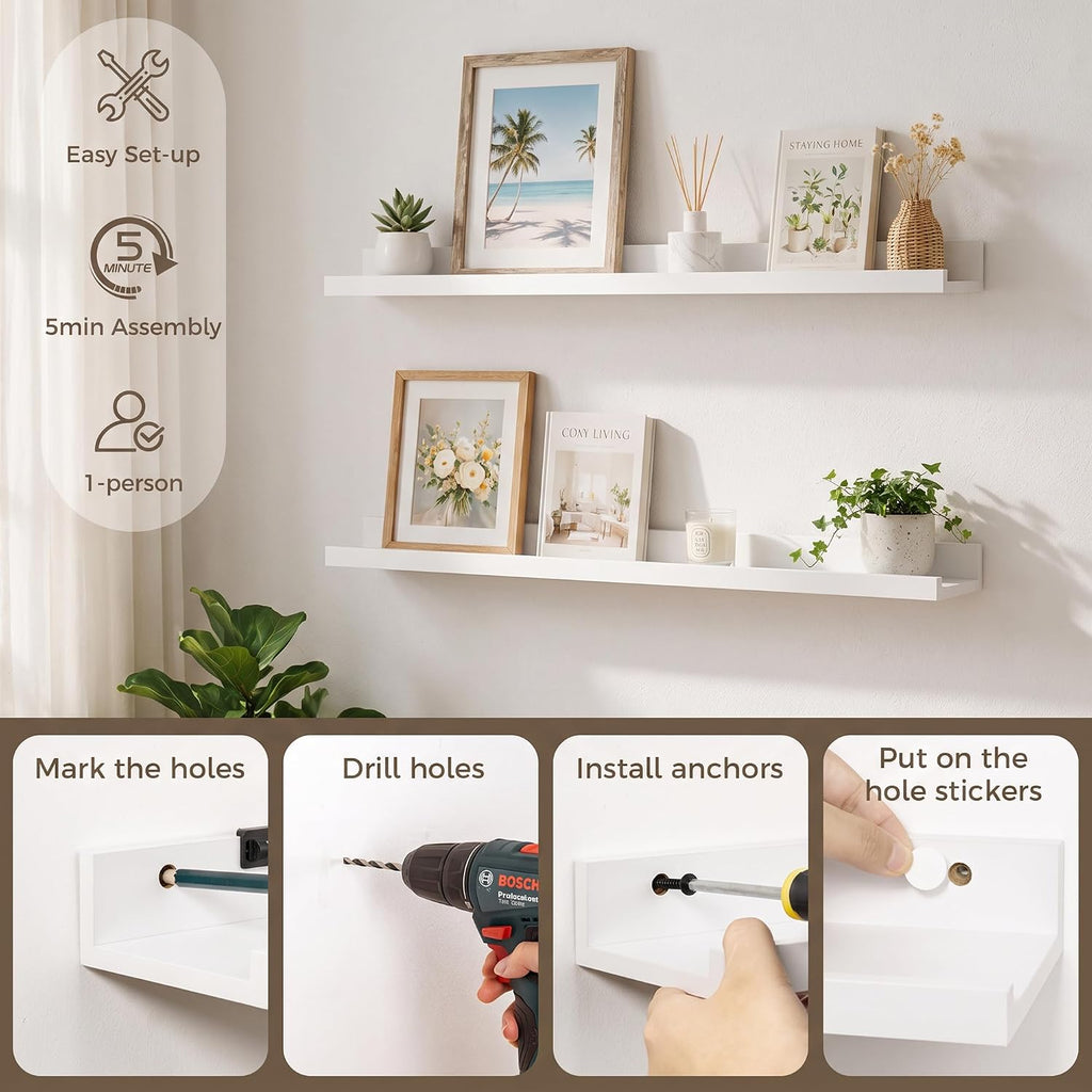 Picture Ledge Shelf, 28'' White Floating Shelves with Lip Set of 2