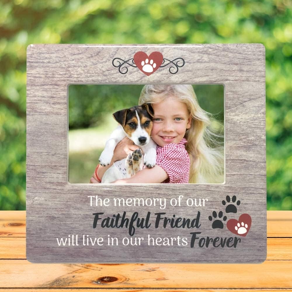Dog Memorial Picture Frame for Loss of Pet – Pawprints & Hearts Pet Remembrance Frame - Sympathy Quote – “The Memory of Our Faithful Friend Will Live in Our Hearts Forever” – 4x6 Photo - 7.25 x 8 Inch