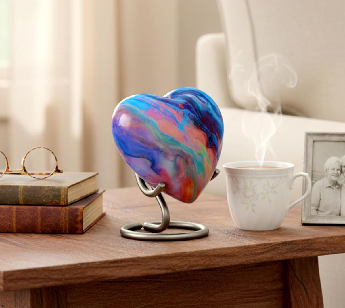 eSplanade Metal Mini Cremation Urn Heart-Shaped Keepsake Memorial Jar Pot Container | Small Urn for Funeral Ashes Burial | Wave Textured Metal Keepsake with Stand | Multicolor - 2.75" Inches