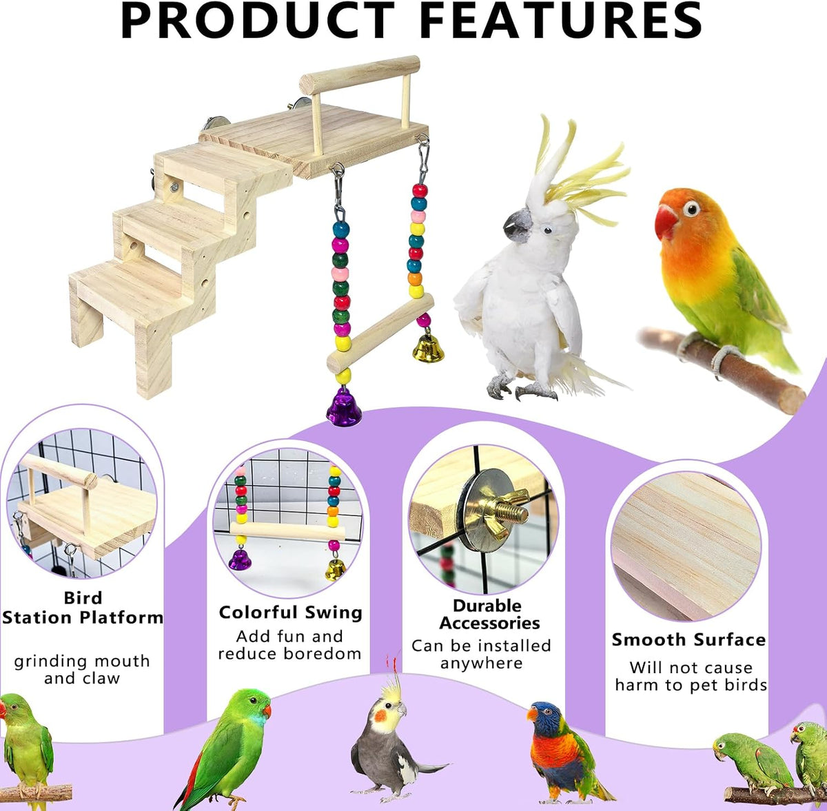 Bird Perch Platform with Ladder & Swing,Parrot Wooden Play Gym Cage Toys