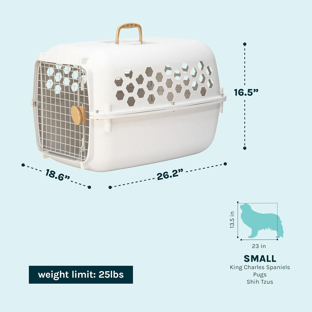 SportPet 26” Small Front Load Hard Sided Pet Carrier Kennel – Easy Access Durable Plastic Travel Crate with Carry Handle - Dog, Cat, Rabbit, & Small Pet, Ventilated Shell for Car, Vet, & Home – Cream
