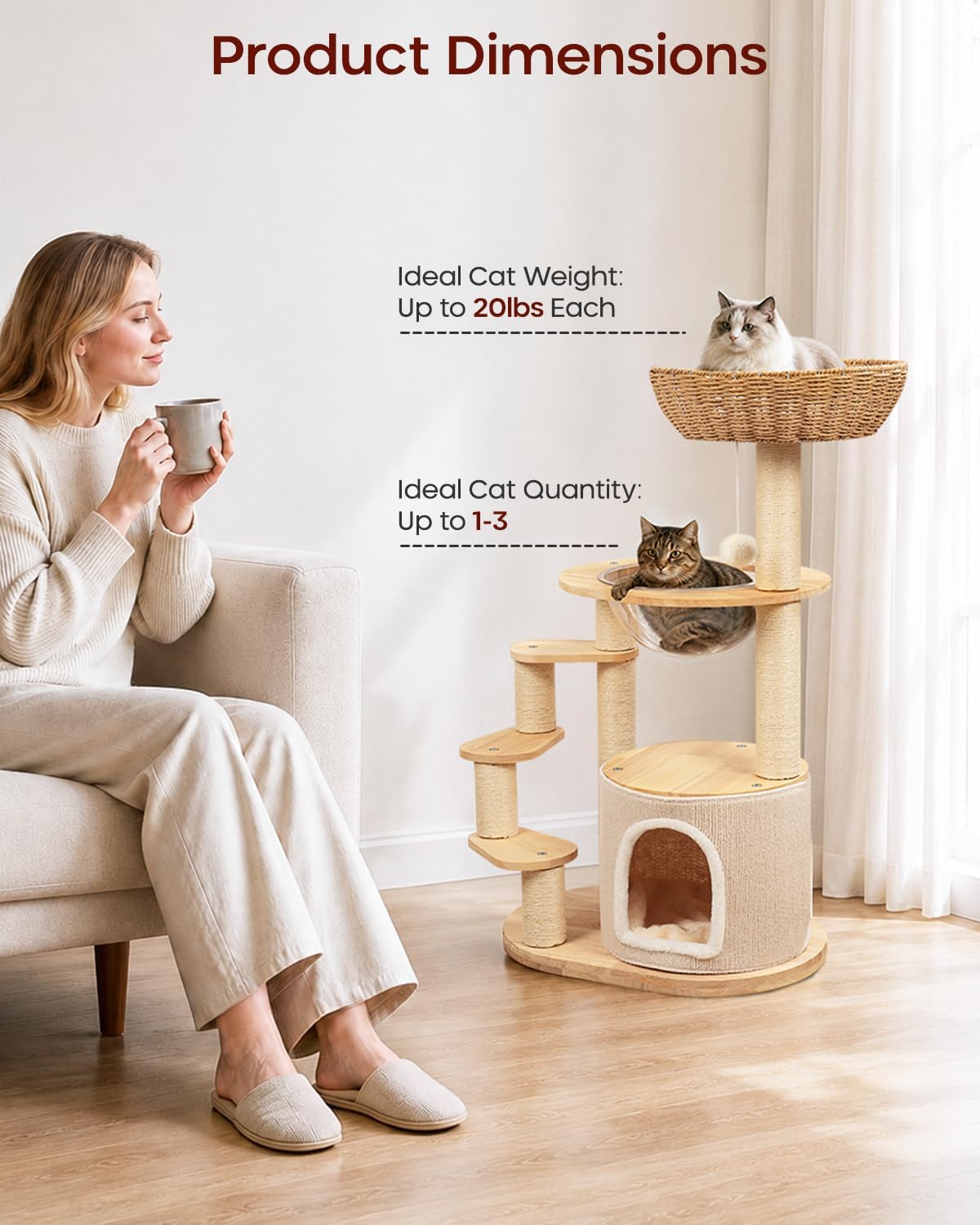 Solid Wood Cat Tree for Kitten & Munchkin, Modern Cat Tower with Low-Rise Steps, Indoor Multi-Level Aesthetic Boho Cat Furniture with Space Capsule, Condo, Hand-Woven Bed,for Minuet & Napoleon