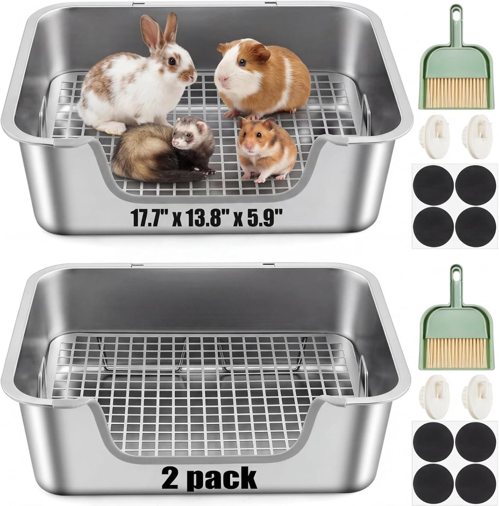 2 Pcs Rabbit Litter Box, XL Stainless Steel Bunny Litter Box with Grid&hook