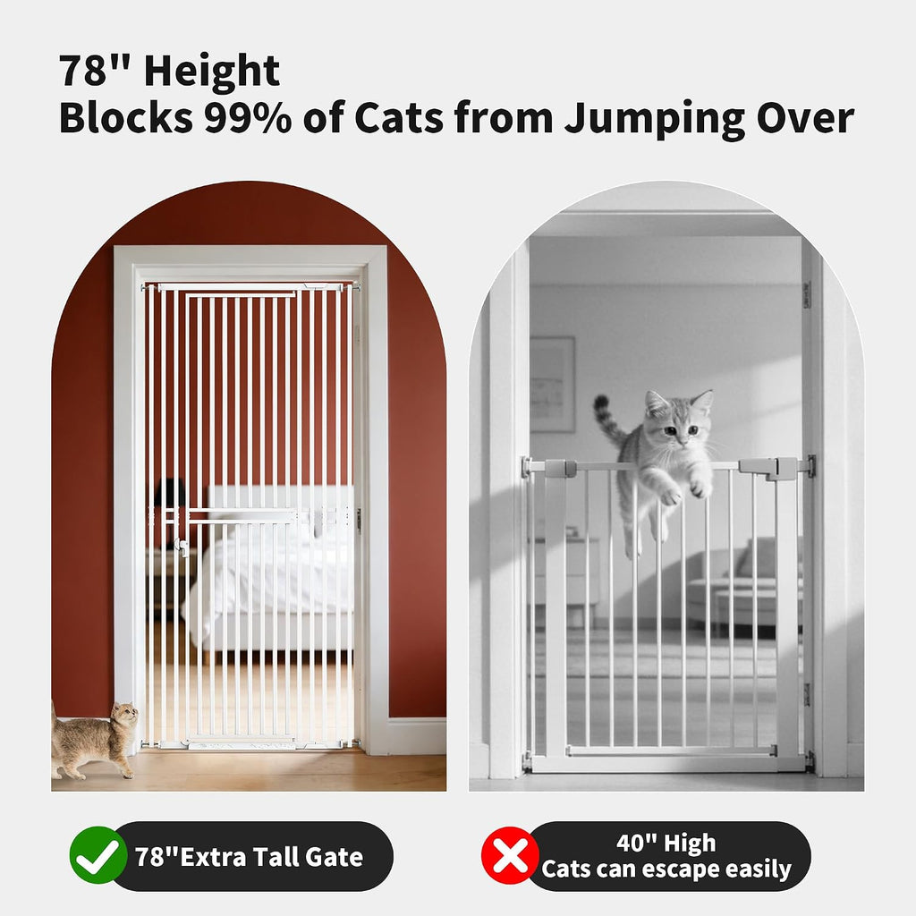 78.74" Extra Tall Cat Gate for Doorway, Wide Adjustable 27.56"-32.28" No Drilling Pet Proof Safety Door Gate, Pressure Mount Full Dog Barrier for Stairs Kitchen House-White