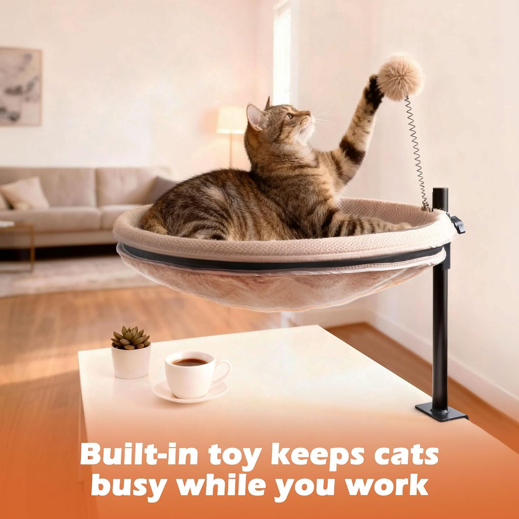 Cat Bed for Desk Rotating & Adjustable– 360° Swivel Cat Hammock with Removable Washable Cover, Sturdy Desktop Perch Holds Up to 60lbs, Perfect for Indoor Cats(Khaki)