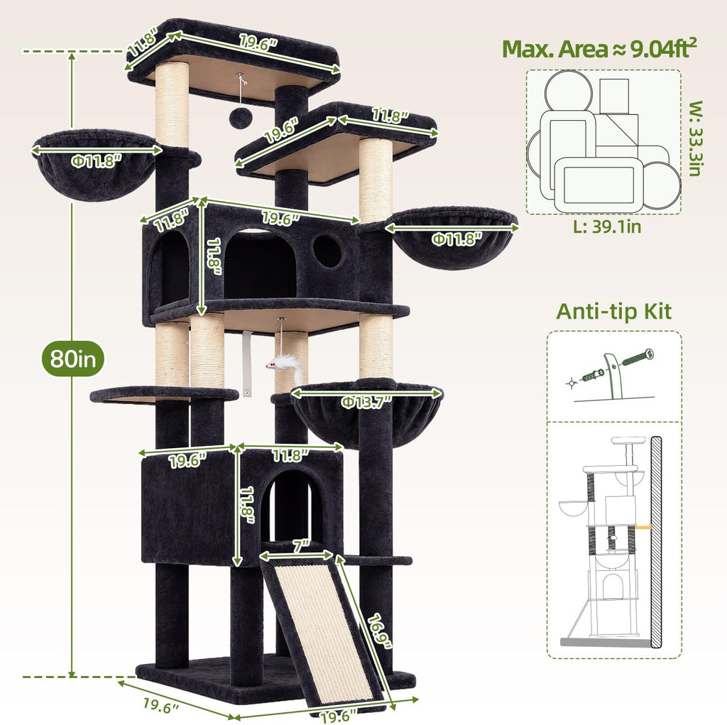 Globlazer 80in Tall Cat Tree for Large Cats, Sturdy Indoor Cat Tower, F80K