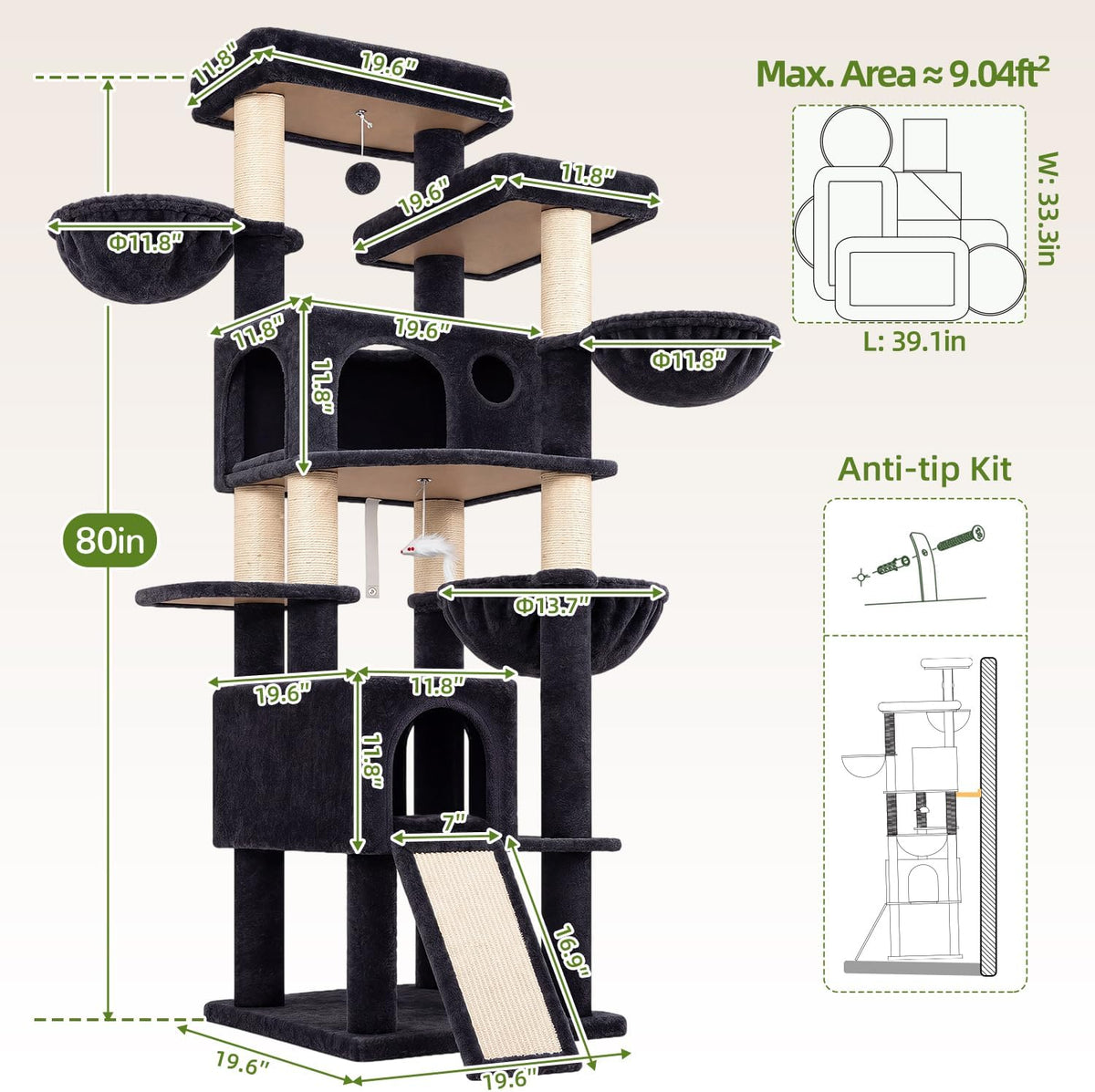 Globlazer 80in Tall Cat Tree for Large Cats, Sturdy Indoor Cat Tower, F80K