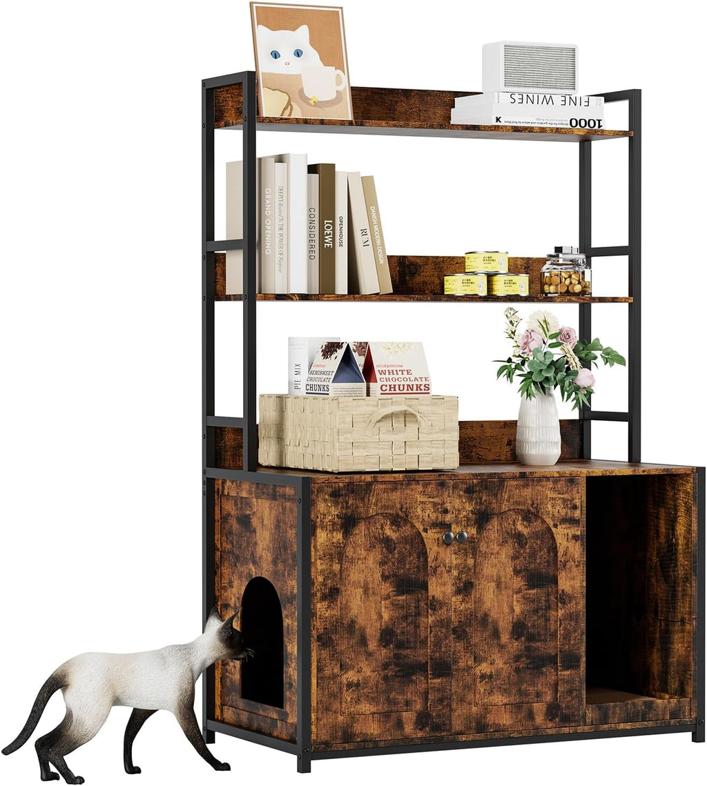 GarveeLife Cat Litter Box Enclosure with Storage Shelves | Hidden Cat Furniture Cabinet 52'' Large Hidden Cats Furniture for Most Litter Box, Wood Enclosed Dog Proof Cat Kitty Cabinet with Scra Brown