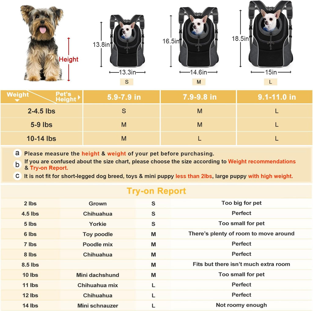 WOYYHO Pet Dog Carrier Backpack Small Dog Front Backpack Ventilated Dog Carrier Back Pack with Storage Pockets, Adjustable Straps & Safety Belt for Travel Hiking Outdoor (Size S: 2-4.5 lbs, Black)