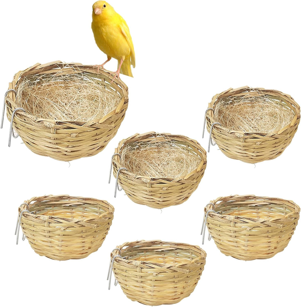 VCEPJH Handmade Bird Nest for Cage 6 Pack Bamboo Canary Breeding Nest with Hook Finch Nesting Hatching House with Fiber Liner for Littile Finch Parakeet Cockatiel Budgie