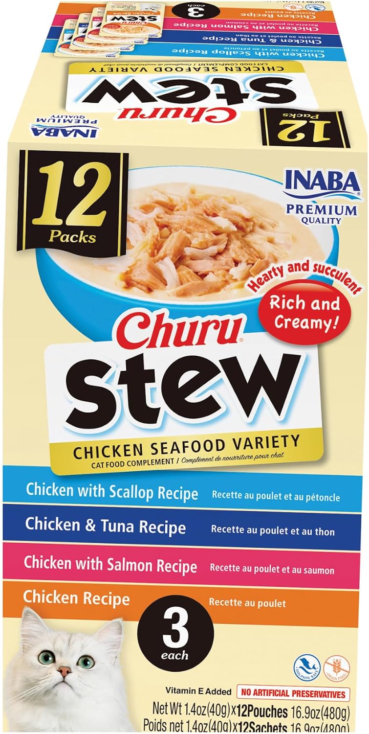 INABA Churu Stew for Cats, Side Dish Pouch with Vitamin E, 1.4 Ounces per Pouch, 12 Pouches, Chicken & Seafood Variety