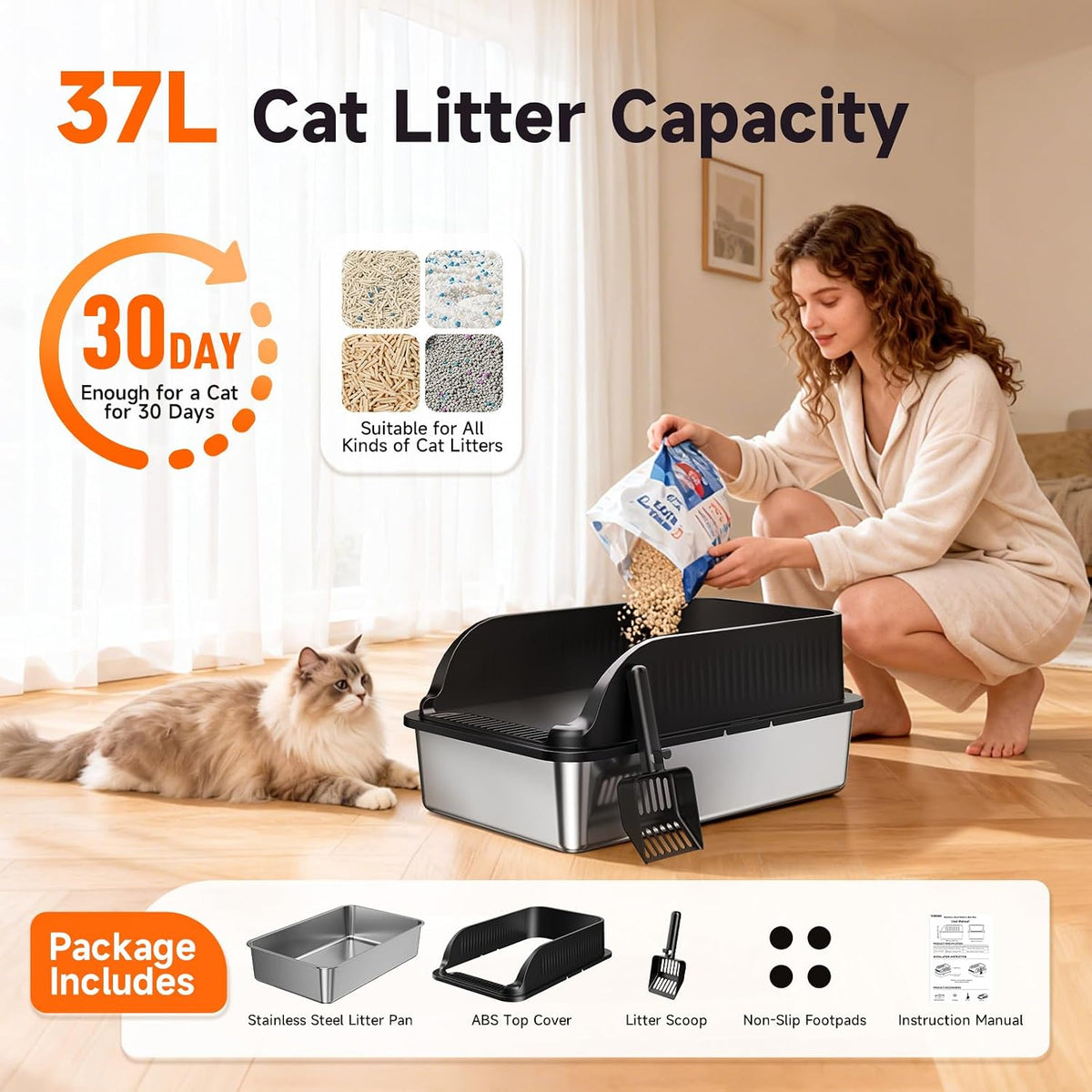 Extra Large Stainless Steel Litter Box with Lid, XL Odor Free Metal Litter Box with High Sides for Big Cats, Open Top Easy Cleaning Kitty Box Anti-Urine Leakage, Non-Sticky, Include Scoop, Black