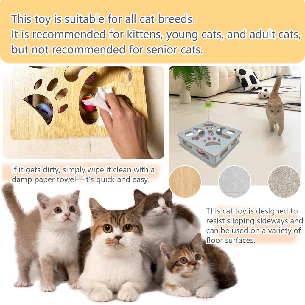 Interactive Wooden Cat Puzzle Toy Box Indoor Hunting Play Toy to Stimulate Your Cat’s Energy and Instincts (Blue)