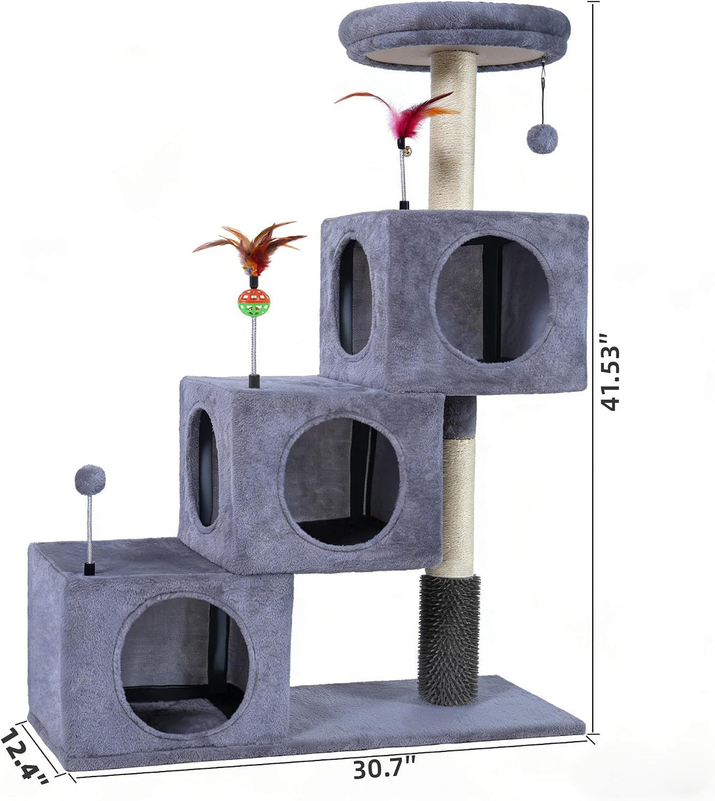 Cat Tree Tower for Indoor Cats 12lbs, Cat Tree with 3 Spacious Cat Houses & Condos, Full Sisal Scratching Posts and Cat Scratcher Toys，Grey
