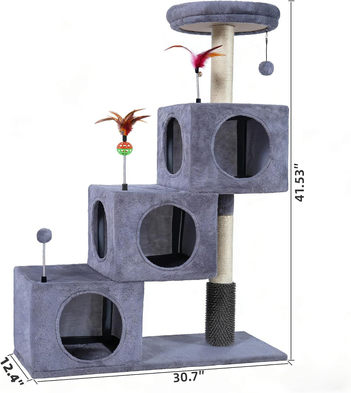 Cat Tree Tower for Indoor Cats 12lbs, Cat Tree with 3 Spacious Cat Houses & Condos, Full Sisal Scratching Posts and Cat Scratcher Toys，Grey
