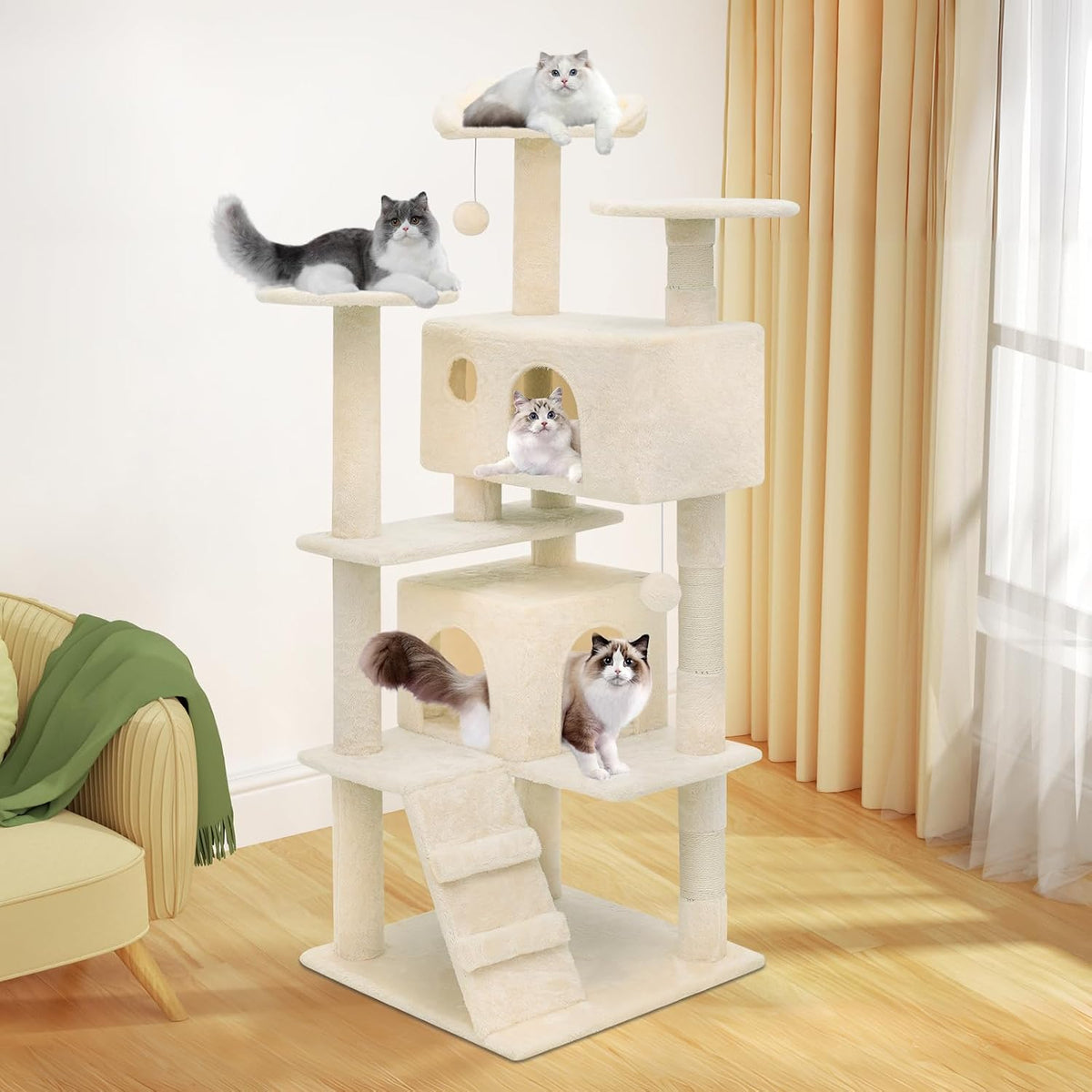Magshion Cat Tree 55" Cats Tower for Indoor Cats, Multi-Level Cat Condo with Scratching Post, Top Perch, Sisal Board and Dangling Ball, Cat Stand Jumping Platform Kittens Pet Play House (Beige)