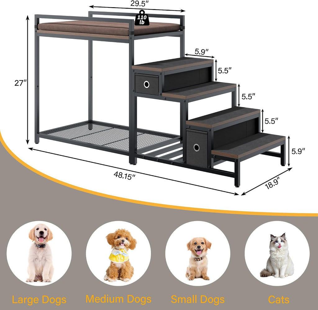 kepptory Dog/Cat Window Perch with Stairs and Seat Cushion, Pet Bunk Bed with Storage Drawers, Bedside Dogs Cot for Small, Medium Cats & Dogs, Pet Stairs Ramp(Brown)