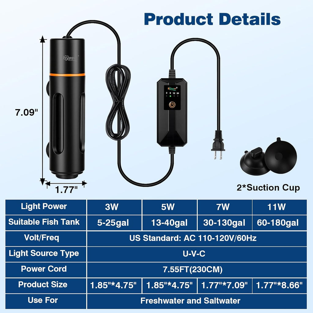 hygger 7W Aquarium U-V Light with Timer, 360° Protective Shield Clean Lamp for Green Water & Algae, Amphibian Small U-V Light for 30-130 Gal Freshwater & Saltwater Fish Tanks
