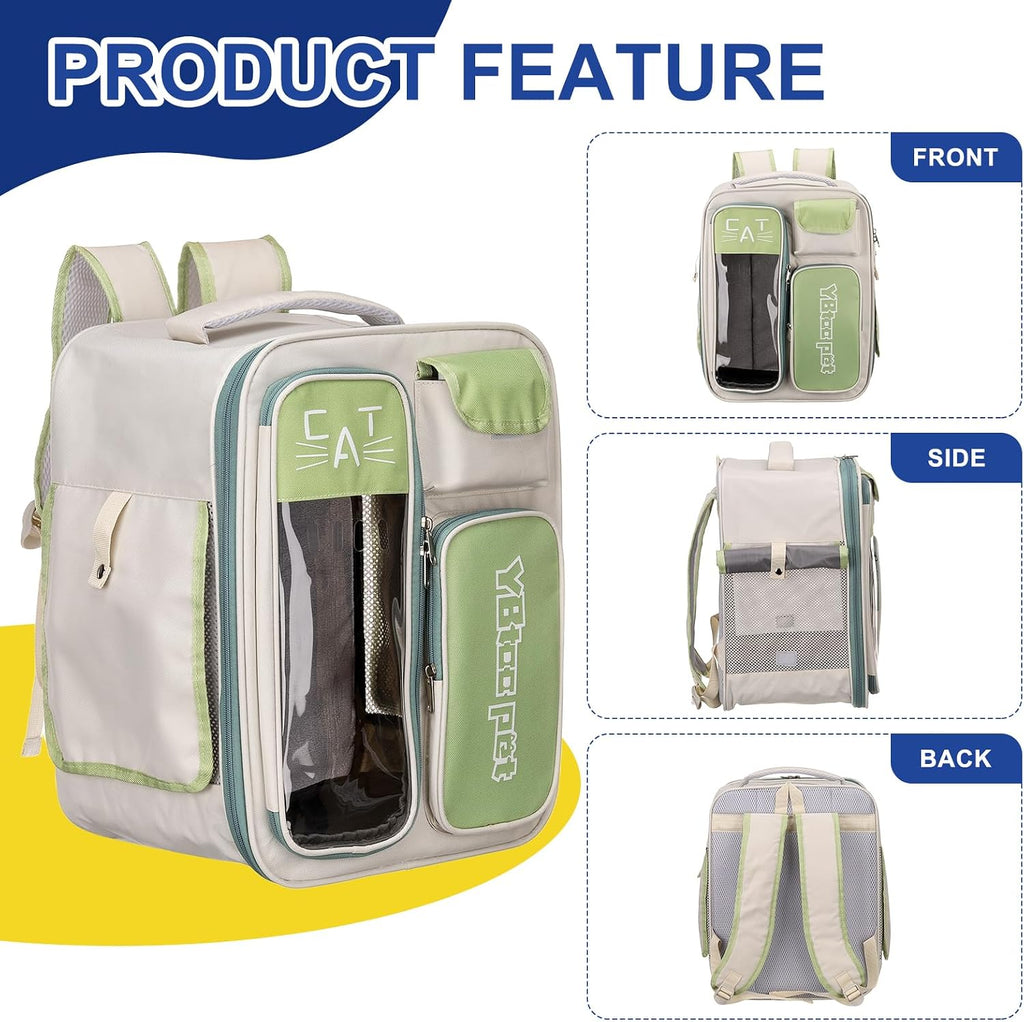 Pet Backpack Carrier, Portable and Ventilated, Oxford Cloth, Dogs Cats and Small Animal Travel Bag 12.99" Up to 16.5 Lbs, (Green), Intended for Hiking/Camping/Traveling
