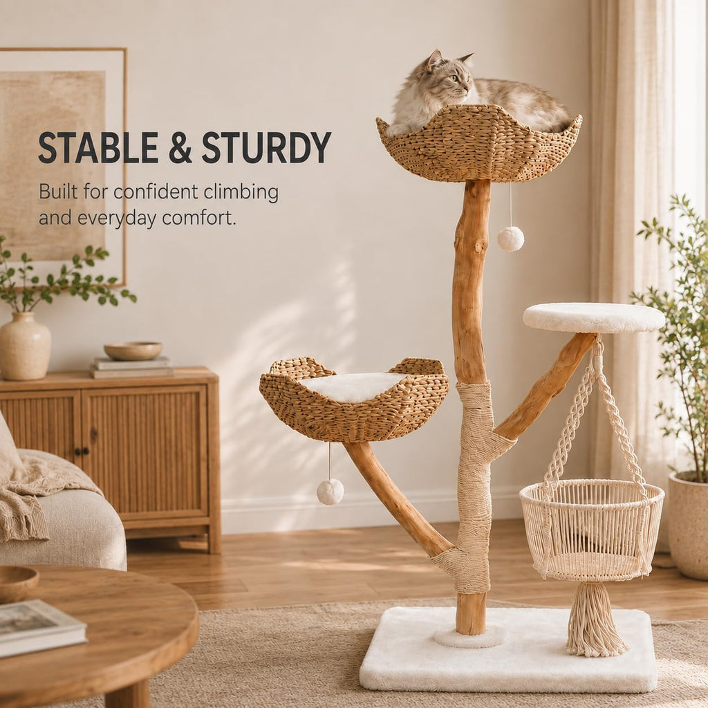 Modern Natural Wood Cat Tree – 45.3-Inch Stable Multi-Level Cat Tower
