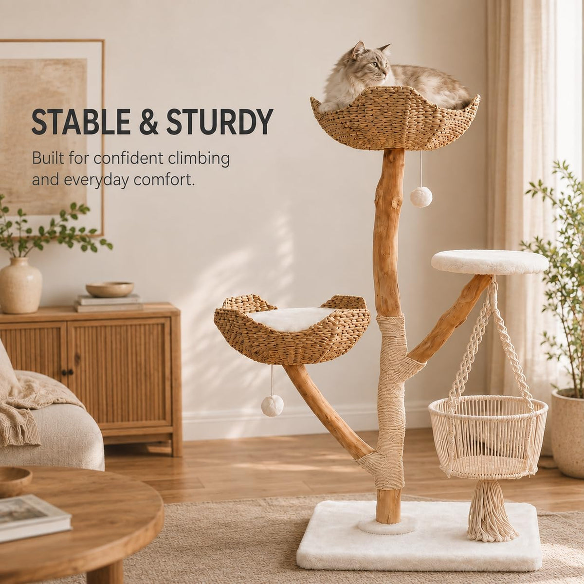 Modern Natural Wood Cat Tree – 45.3-Inch Stable Multi-Level Cat Tower