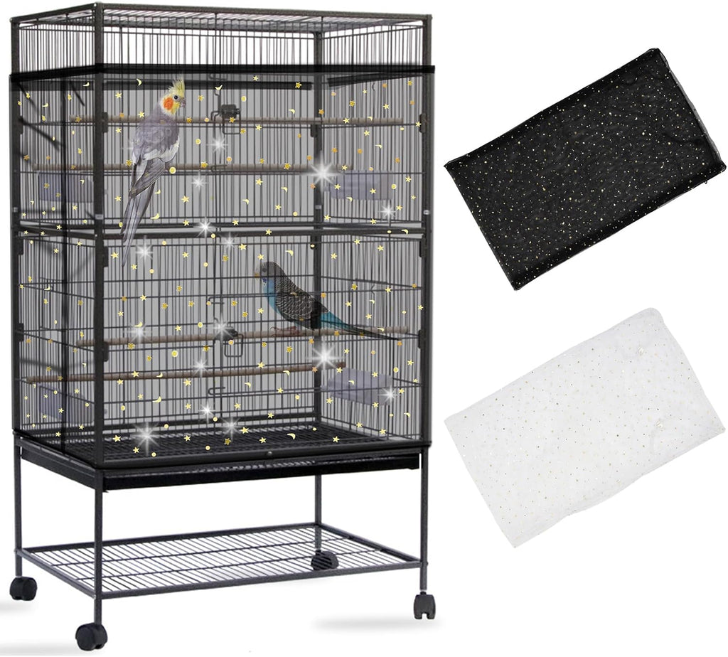 Daoeny 2PCS Bird Cage Seed Catcher, Large Bird Cage Cover, Adjustable Soft Airy Nylon Mesh, Birdcage Cover Skirt Seed Guard for Parrot Parakeet Macaw Round Square Cages (Black & Black)
