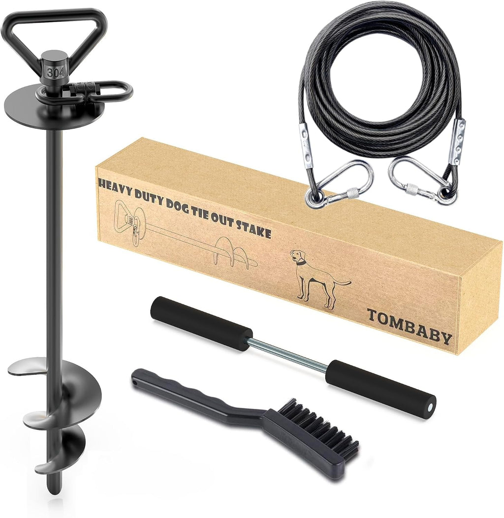TOMBABY Dog Tie Out Cable and Stake,with 30FT Heavy Duty Cable,360° Swivel Dog Anchor& Anti-Tangle,Dog Runner for Yard,Dog Stake Allows Dogs Up to 210 lbs, Dog Stakes for Outside Beach,Camping, Yard