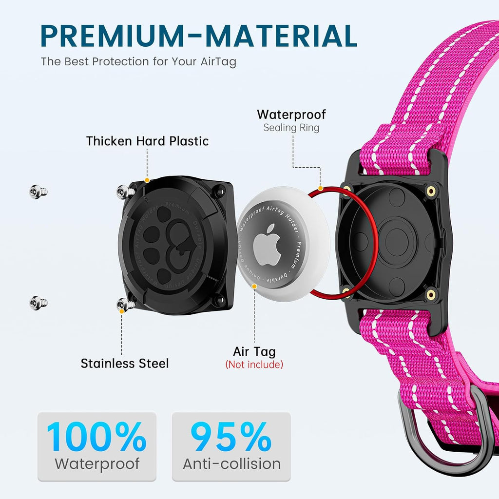 AUBELL Reflective Dog Collar with AirTag Holder,IP68 Waterproof,Pink M