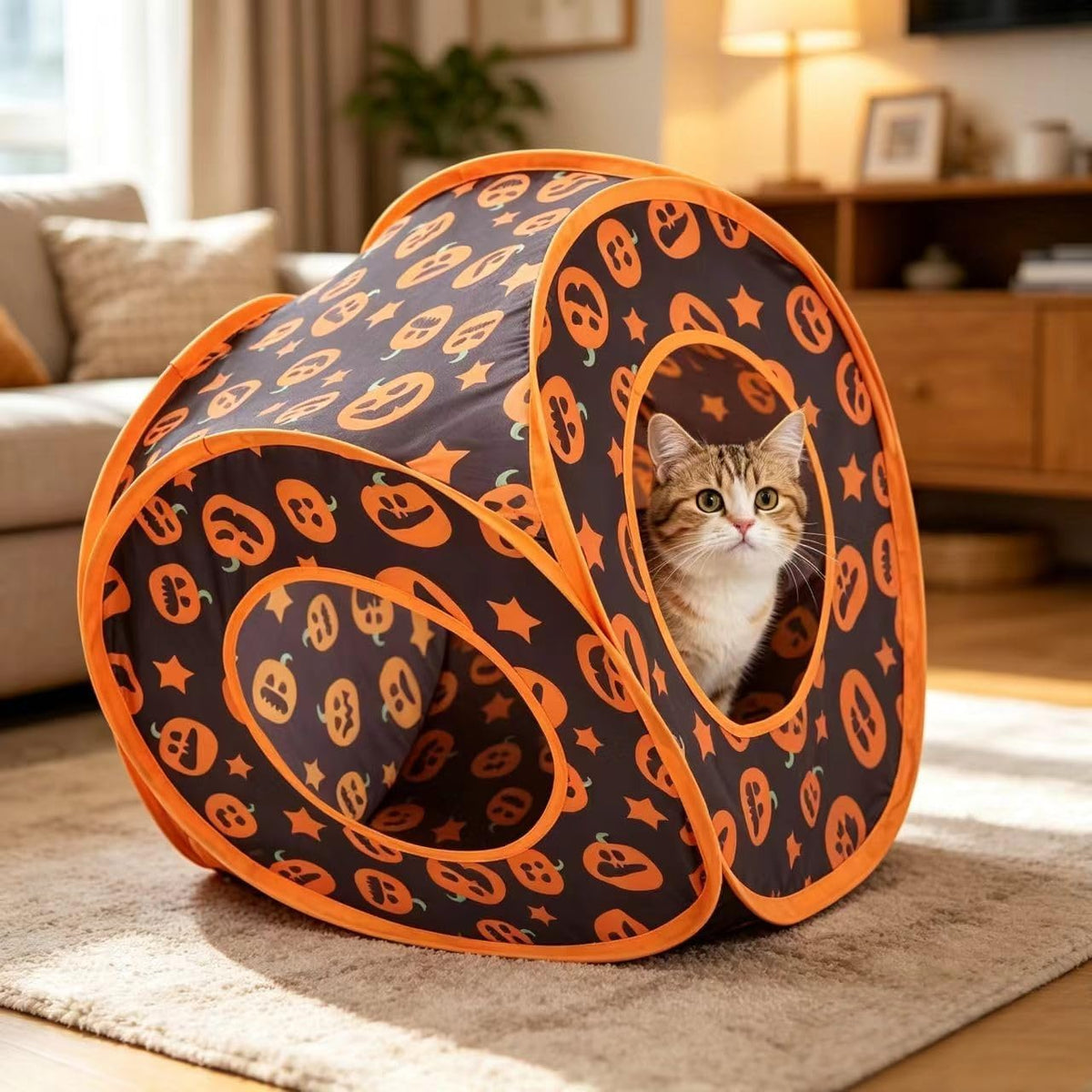 Halloween Cat Tent Cube for Indoor Cats, Pop Up Kitten Play Tunnel House, Collapsible Pet Hideaway Cave Box Toys with 3 Holes, Pumpkin Hut