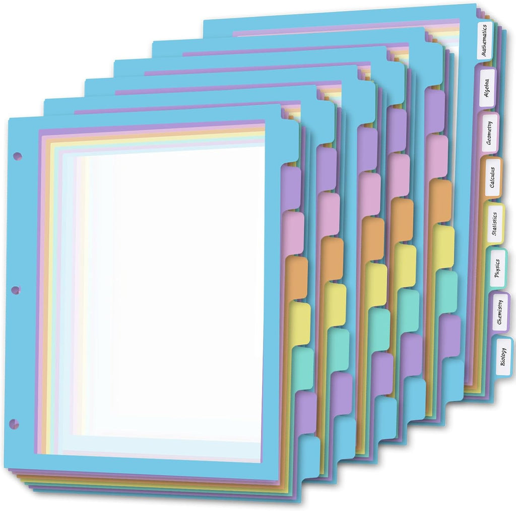 48Pcs/6 Set 8 Tab Dividers, Clear Plastic Binder Dividers with Tabs, for 3 Ring Binder, Letter Size, Multicolor