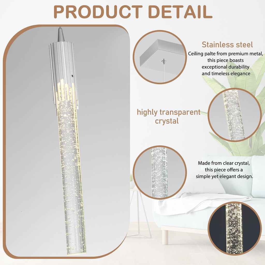 Flashing God 5-Lights Rectangular Crystal Pendant Lights for Kitchen Island Modern Crystal Column Chandeliers for Dining Room Chrome Linear Crystal Chandelier