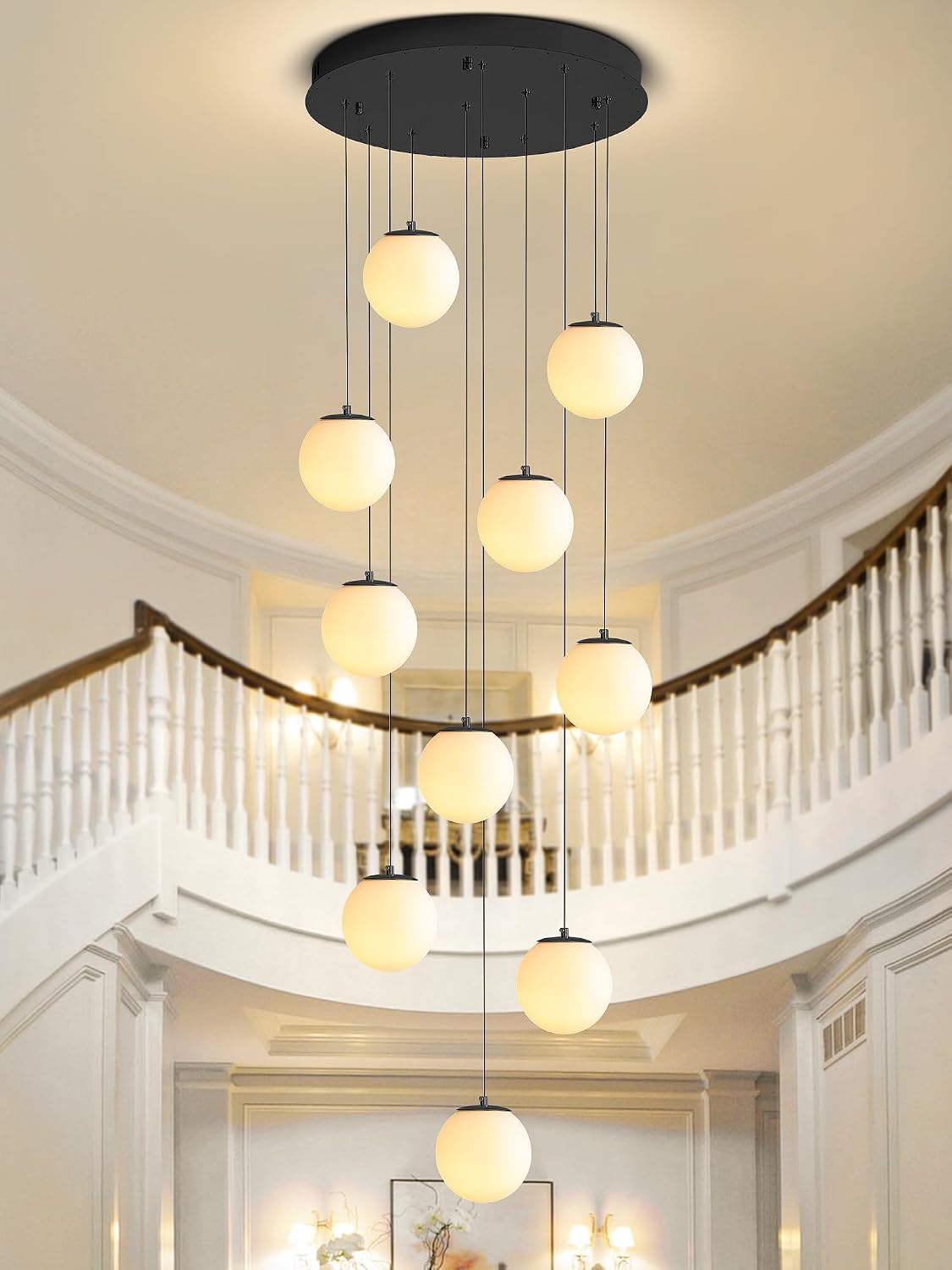 ykolupty 10-Light Black Chandelier with White Globe Glass Dimmable Ceiling Light Glass Pendant Light for Kitchen Island, Dining Room, Living Room, Entry Hallway, LED Bulbs Included