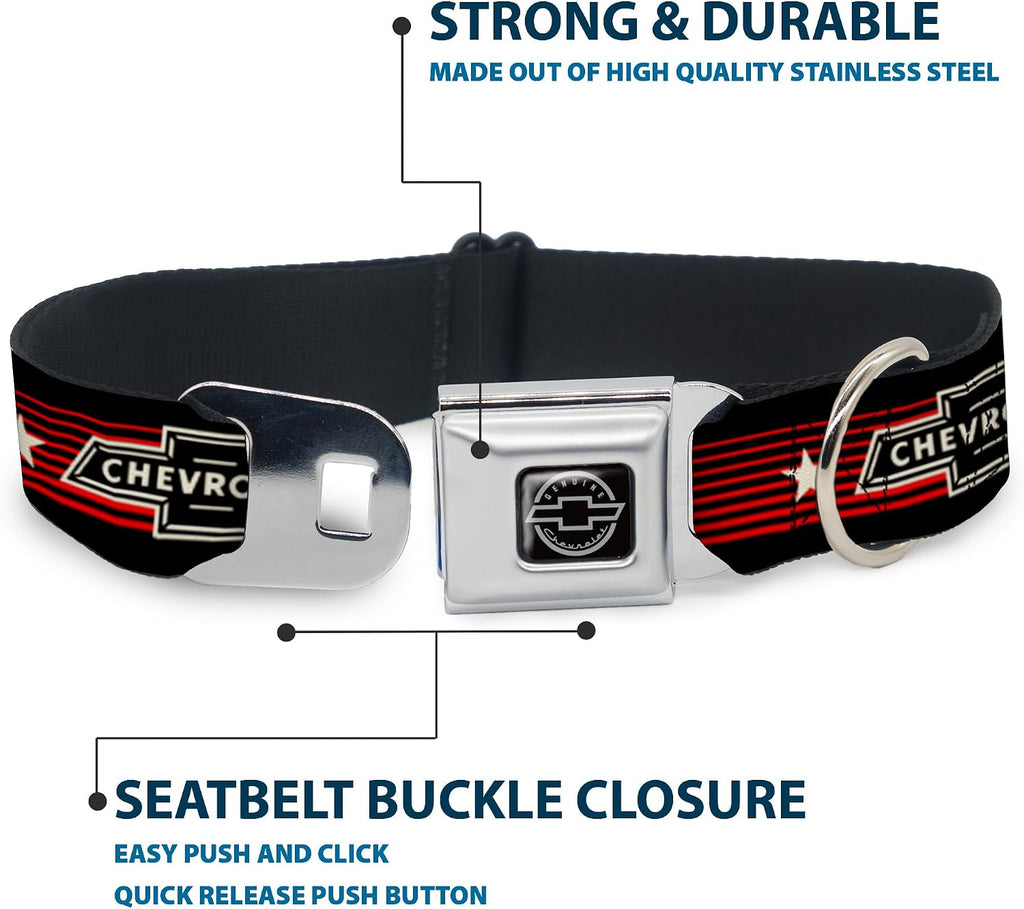 GM General Motors Easy Adjustable Metal Seatbelt Buckle Quick Release Dog Collar, Chevrolet Bowtie Since 1911, 15 to 24 Inches 1.0 Inch Wide
