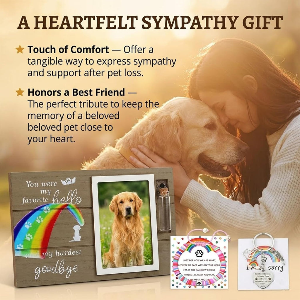 Rainbow Bridge Dog Memorial Gifts for Loss of Dog - Rainbow Bridge Pet Memorial Picture Frame Set with Fur Jar, Bracelet & Keychain - Sympathy Remembrance Keepsake for Pet Lovers