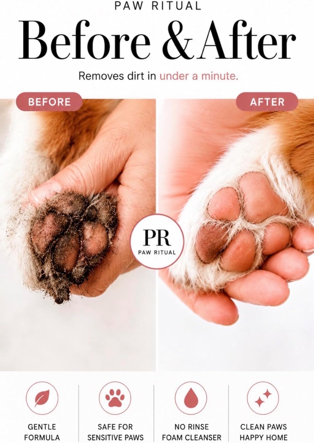 Dog Paw Cleaner, Dog Paw Wash, No-Rinse Foaming Paw Cleanser with Silicone Brush for Dogs & Puppies, Plant-Derived Formula for Sensitive Paws, 6.8 fl oz