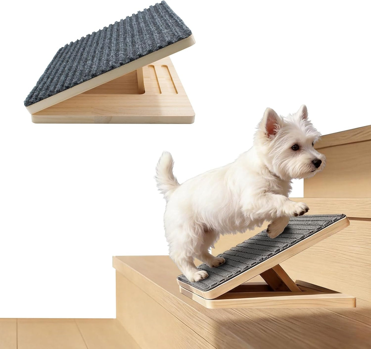 Wooden Dog Ramp for Stairs, Foldable & Adjustable Height Stair Wedges with Non-Slip Pad for Short-Legged, Small, Senior or Injured Pets Dogs and Cats (1 Pack)