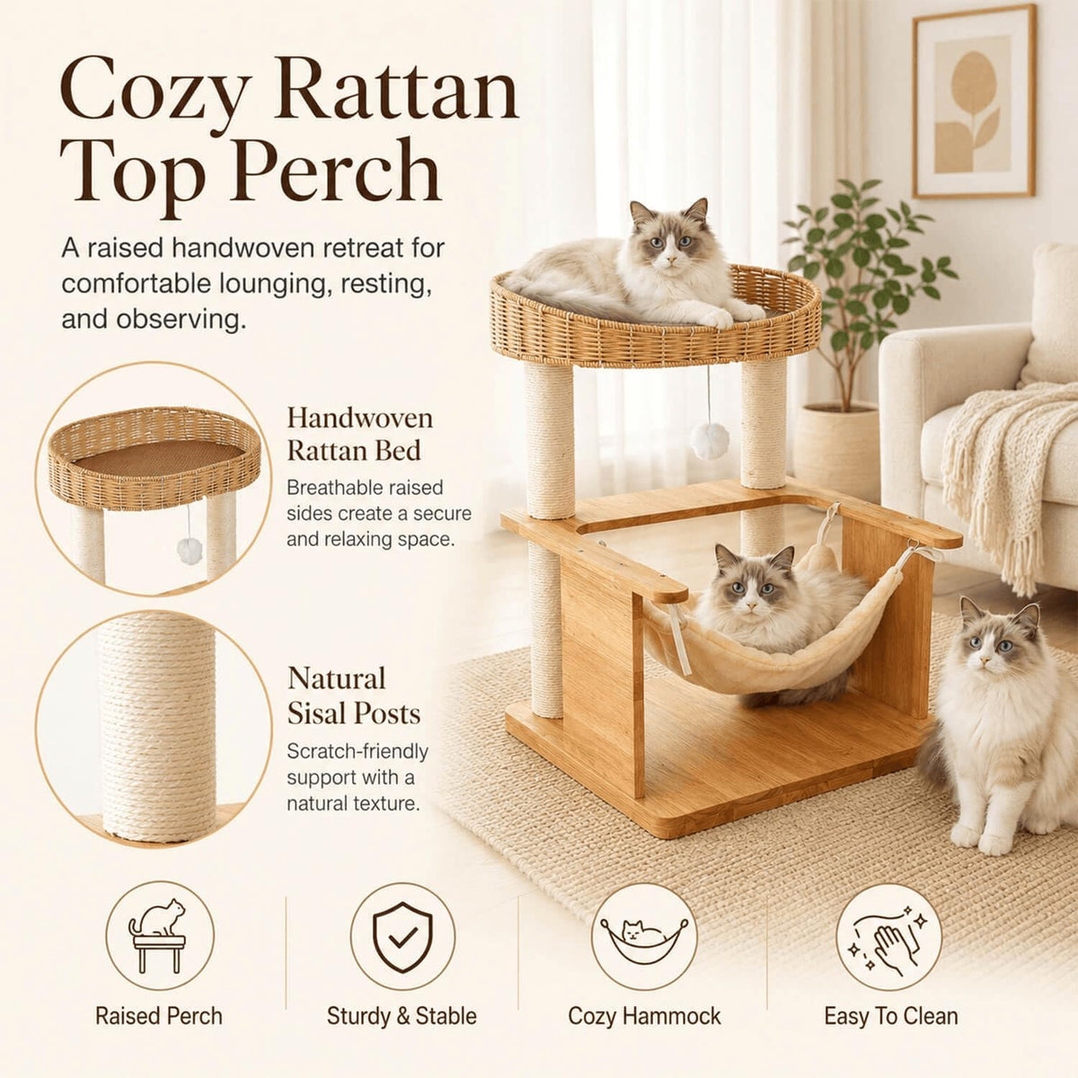 Solid Wood Cat Tree for Indoor Cats,28in Compact Cat Tower